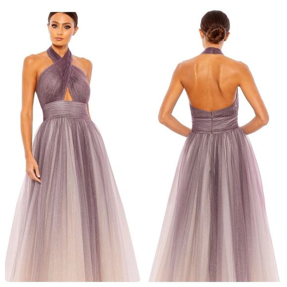 Mac Duggal 20376 Elegant Halter Neckline A-line Gown Charcoal-Ombre Size 12 NWT